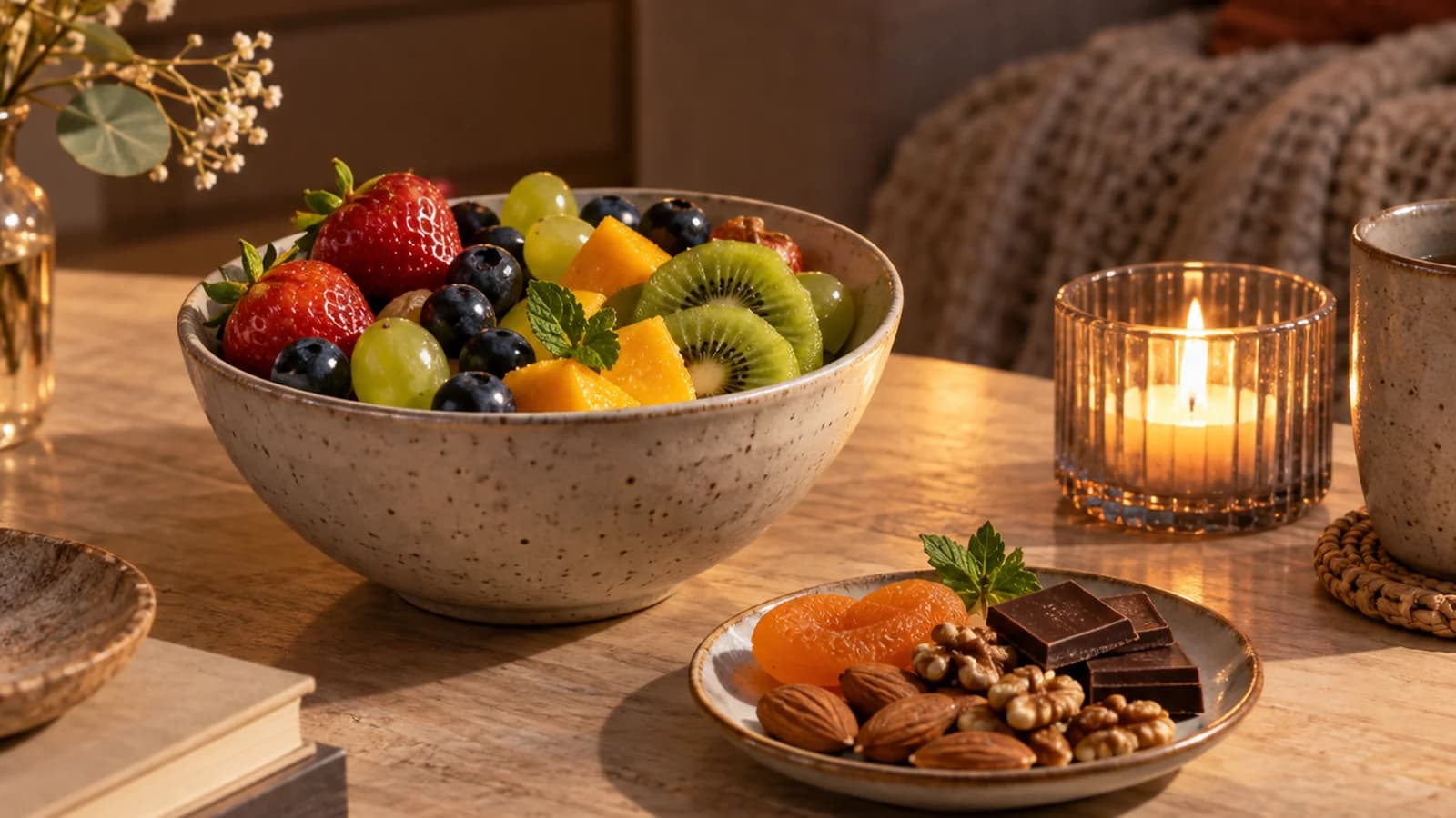 Bol de yaourt, banane, noix et carré de chocolat sur une table de cuisine baignée de lumière naturelle, sans texte ni logo