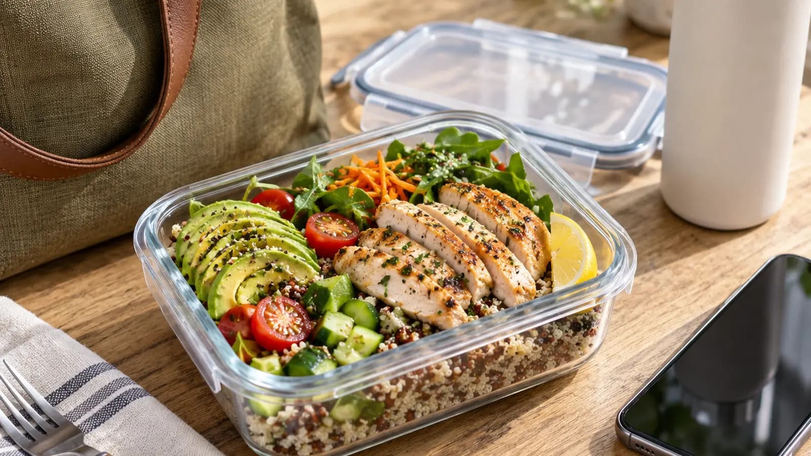 Boîte repas avec salade de lentilles, œufs, pain complet et fruits sur une table éclairée par la lumière naturelle, sans texte ni logo