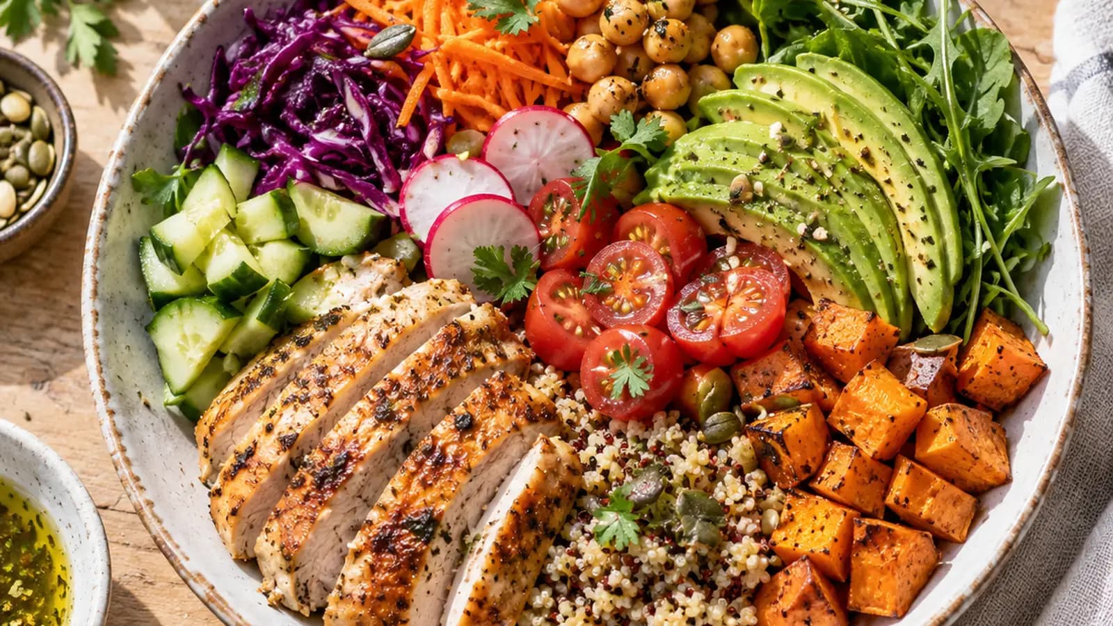 Assiette colorée avec légumes, lentilles, œuf, pain complet et yaourt, photographiée en lumière naturelle sans texte ni logo