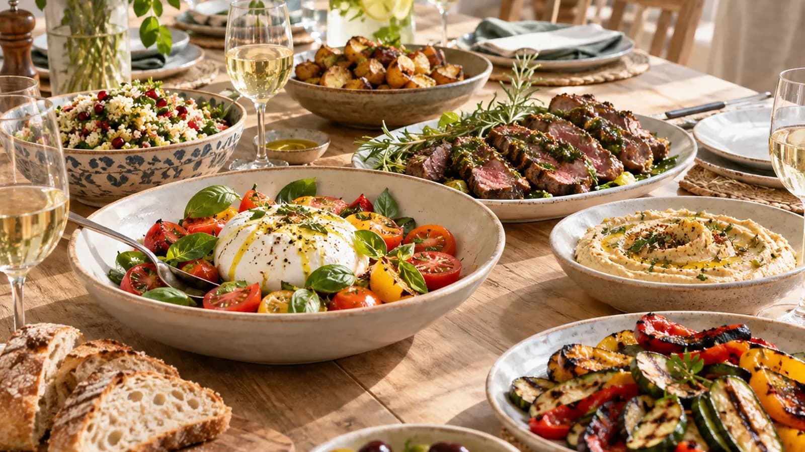 Table de repas convivial avec gratin, salade et pain, photographiée en lumière naturelle, sans texte ni logo