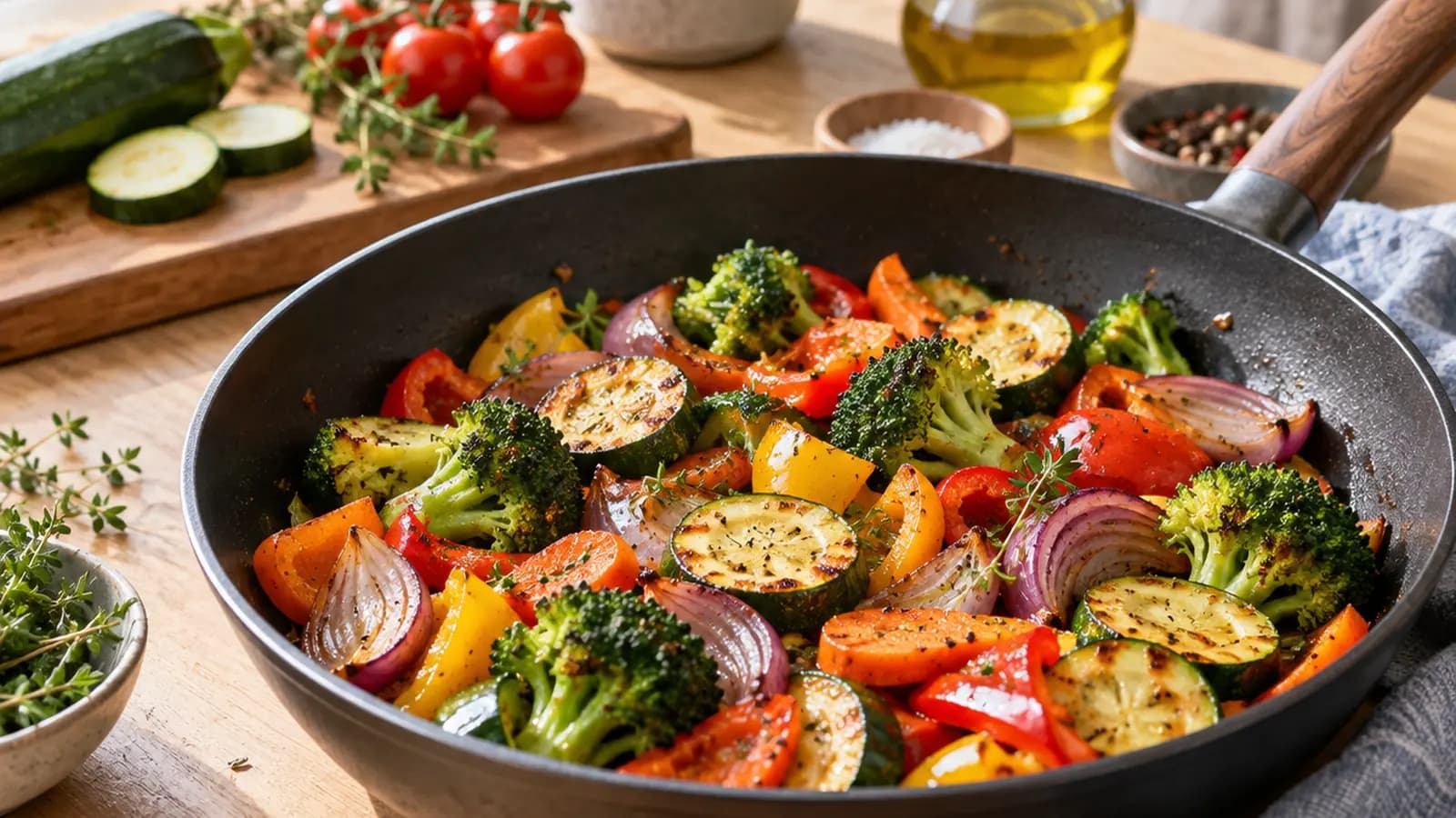 Poêlée de brocoli, carottes et pommes de terre dorés après une précuisson vapeur, dans une poêle, lumière naturelle, sans texte ni logo