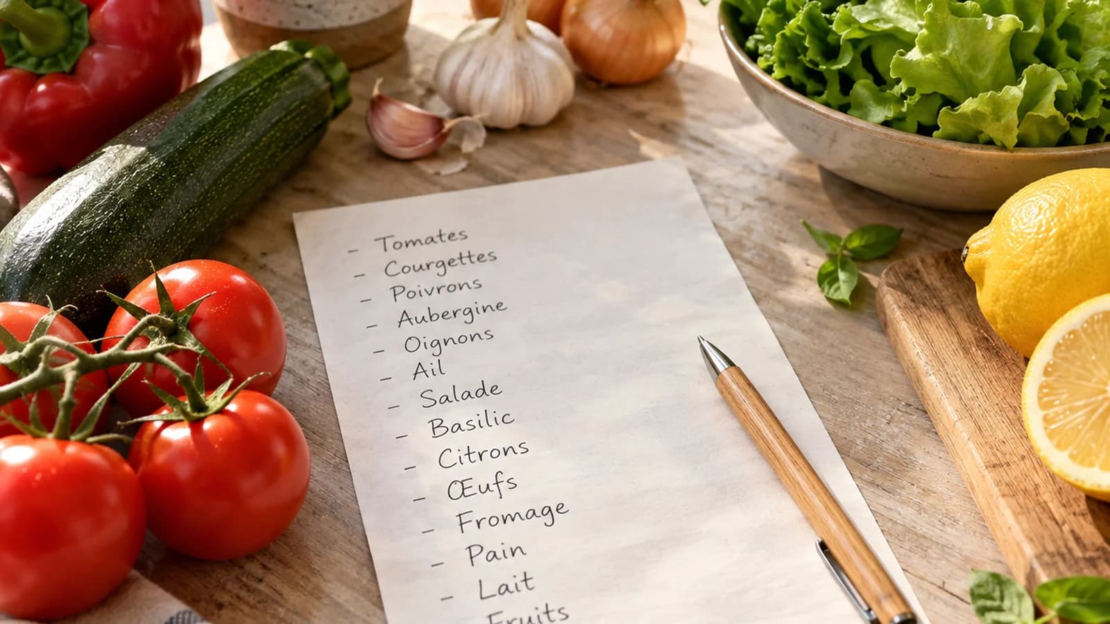 Panier de courses avec légumes, fruits, œufs et produits d’épicerie sur une table en lumière naturelle, sans texte ni logo