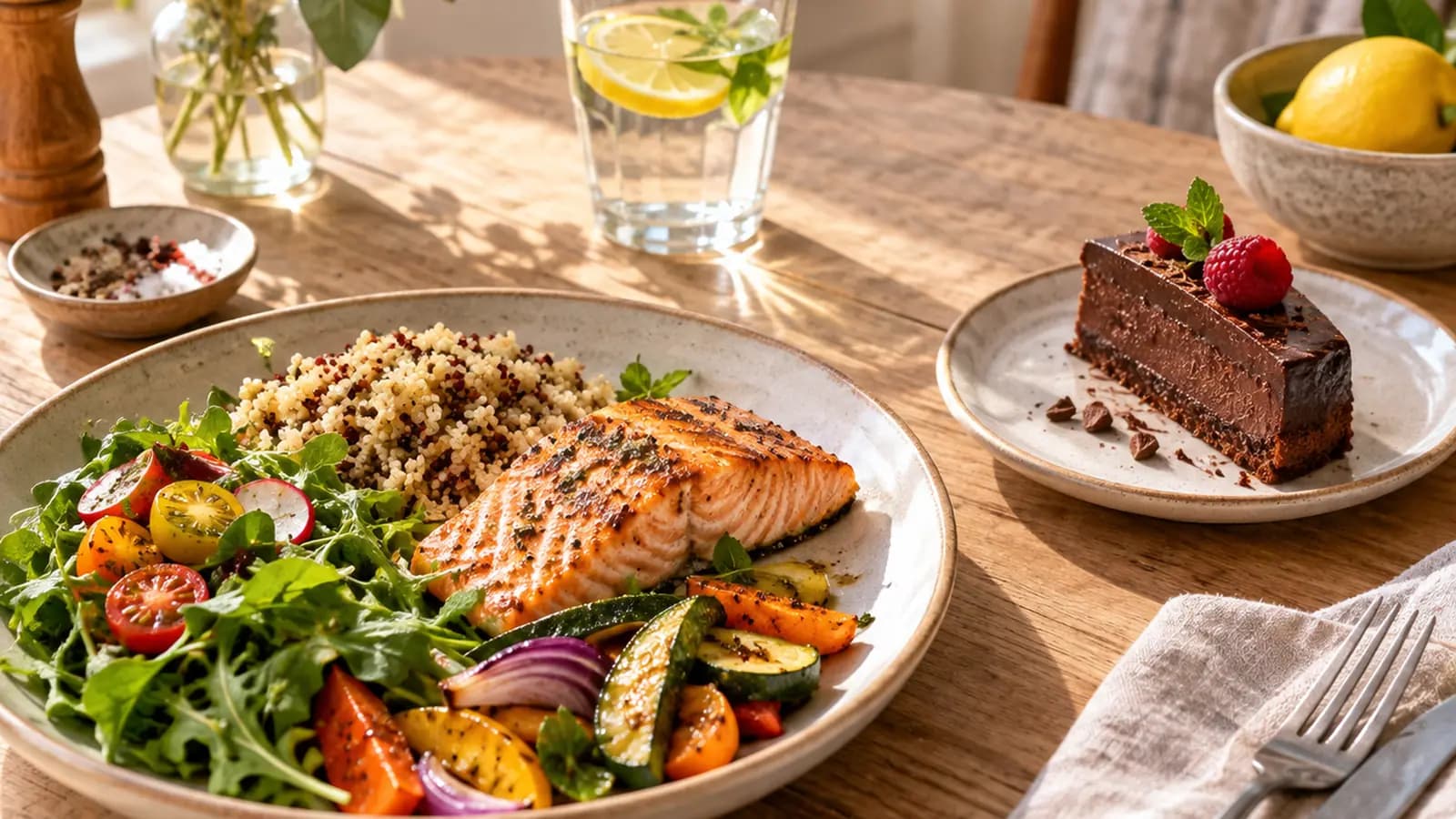 Table en lumière naturelle avec légumes rôtis, riz, pois chiches et gâteau au chocolat, sans texte ni logo