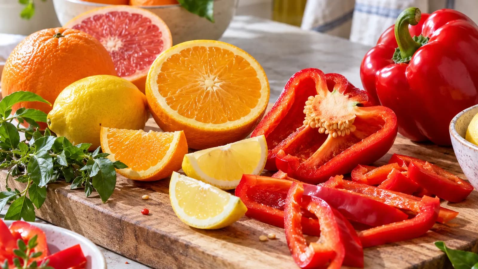Kiwis, orange, fraises et poivron découpés sur une table en lumière naturelle, sans texte ni logo