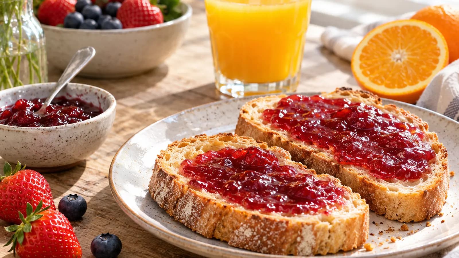 Tartines à la confiture, yaourt nature et poire sur une table en lumière naturelle, sans texte ni logo