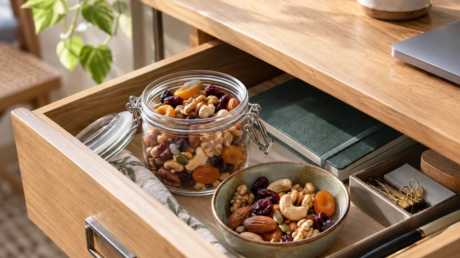 Tiroir de bureau ouvert avec amandes, fruits séchés, compote, crackers et carrés de chocolat, lumière naturelle, sans texte ni logo