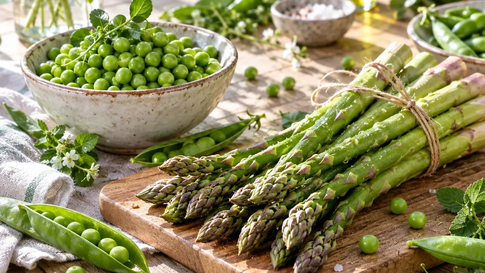 Assiette printanière d’asperges, petits pois, radis et jeunes carottes cuits brièvement, sur une table en lumière naturelle, sans texte ni logo