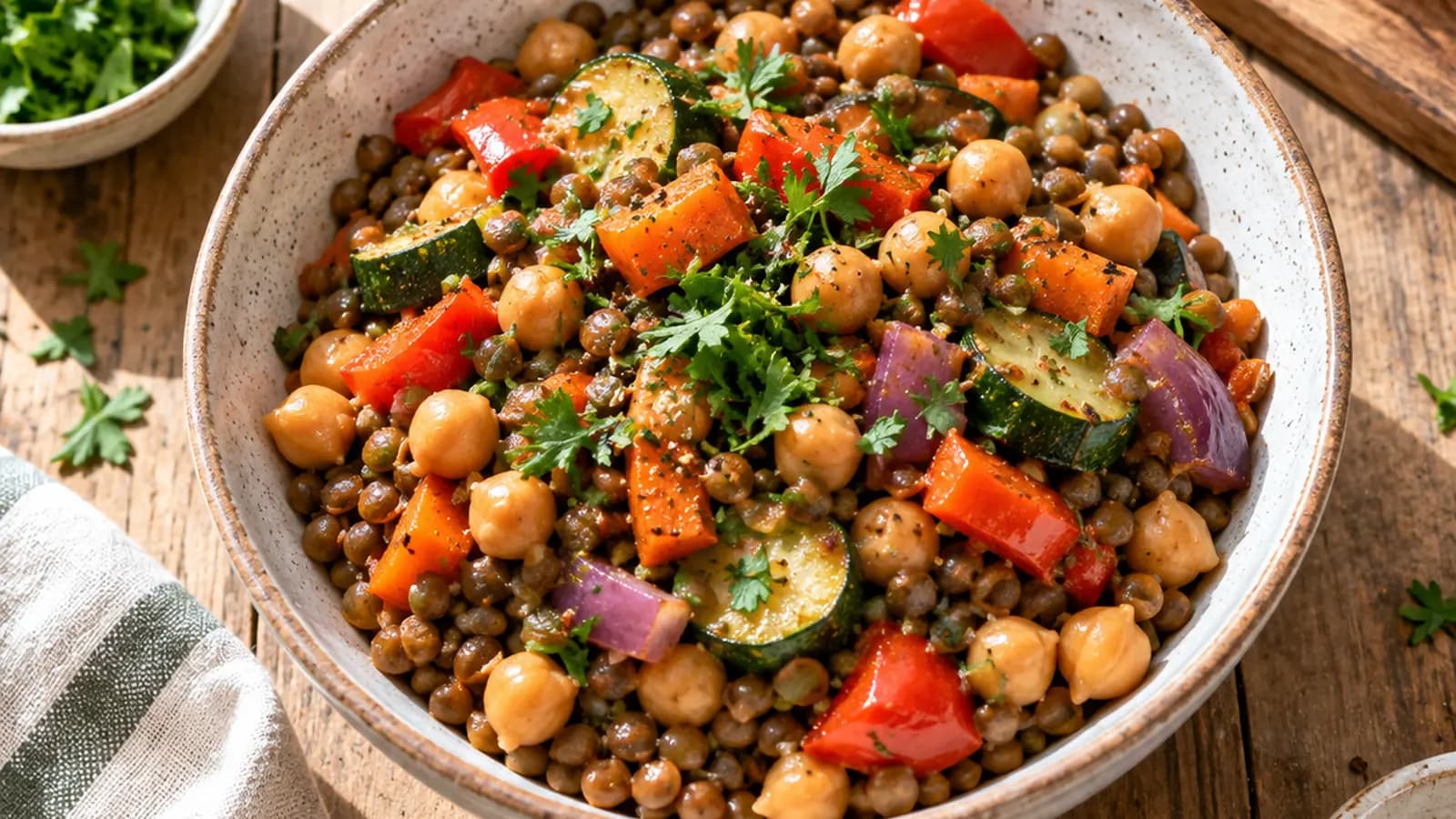 Salade colorée de pois chiches, tomates, concombre et herbes fraîches servie dans un saladier, lumière naturelle, sans texte ni logo