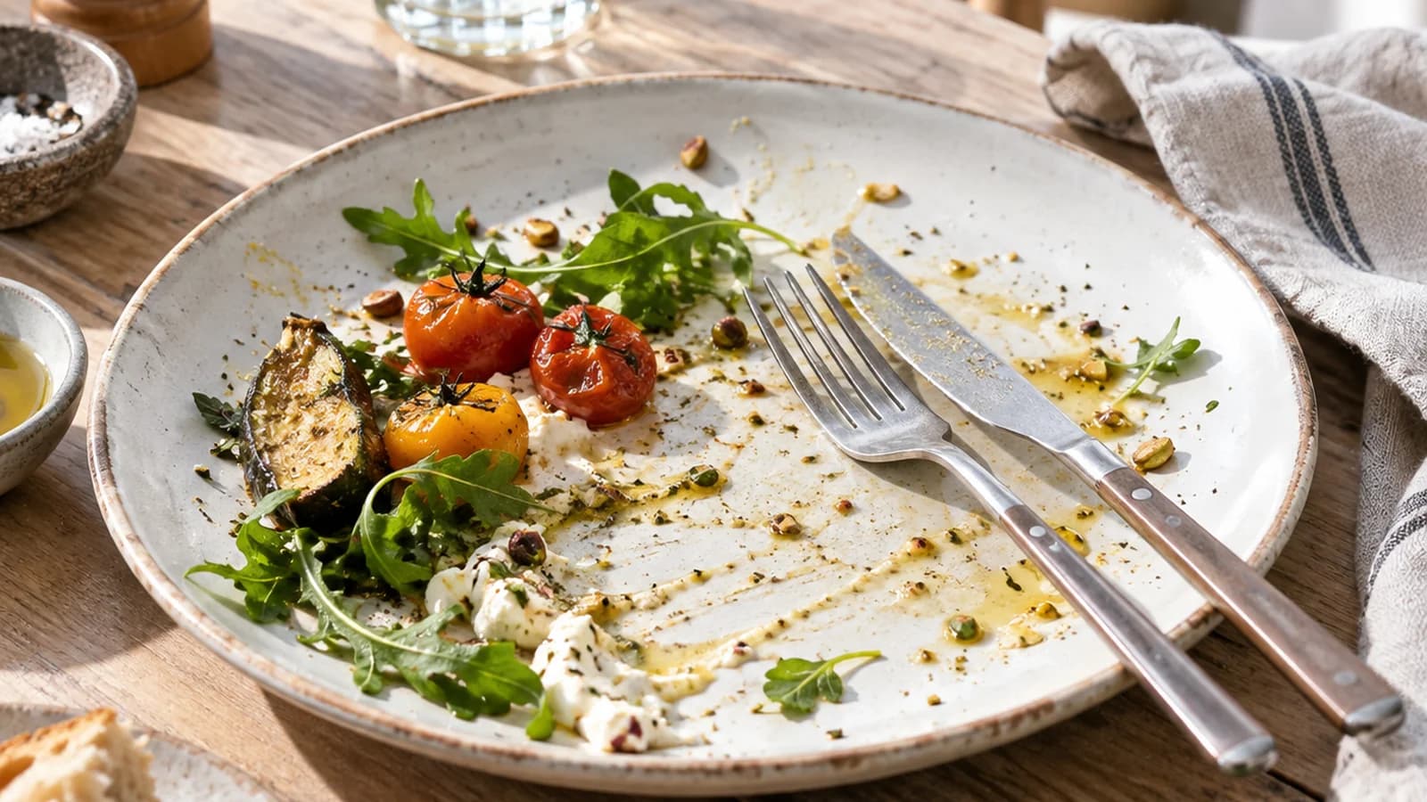 Salade de lentilles, légumes et œuf, avec pain complet, sur une table en lumière naturelle, sans texte ni logo