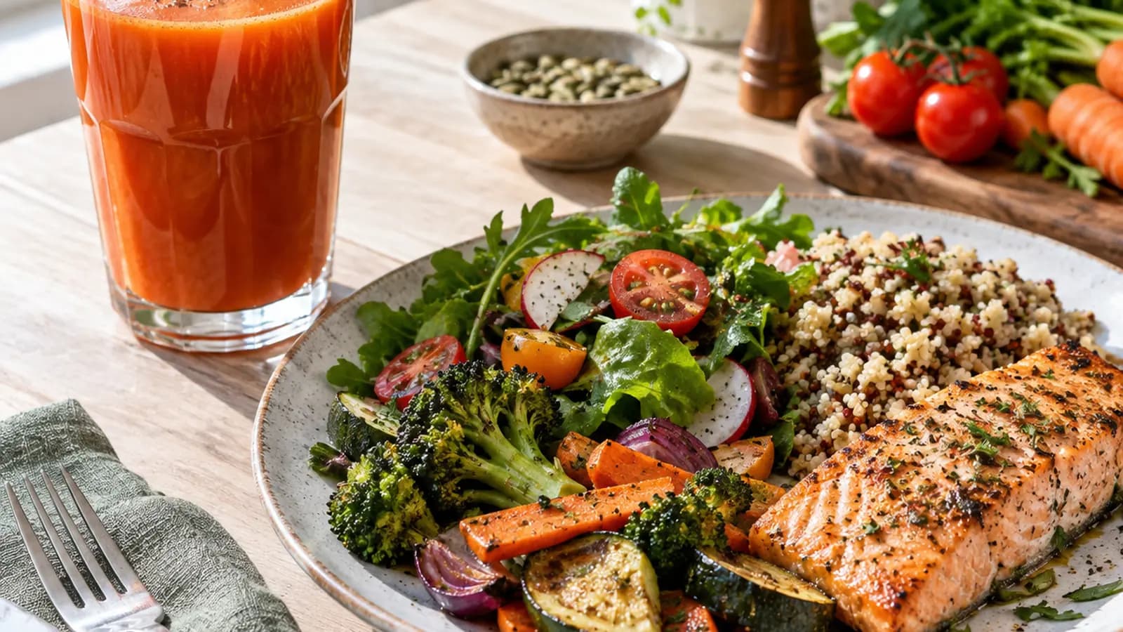 Verres de jus de fruits et légumes près d’une assiette de tartines et d’un bol de fruits, lumière naturelle, sans texte ni logo