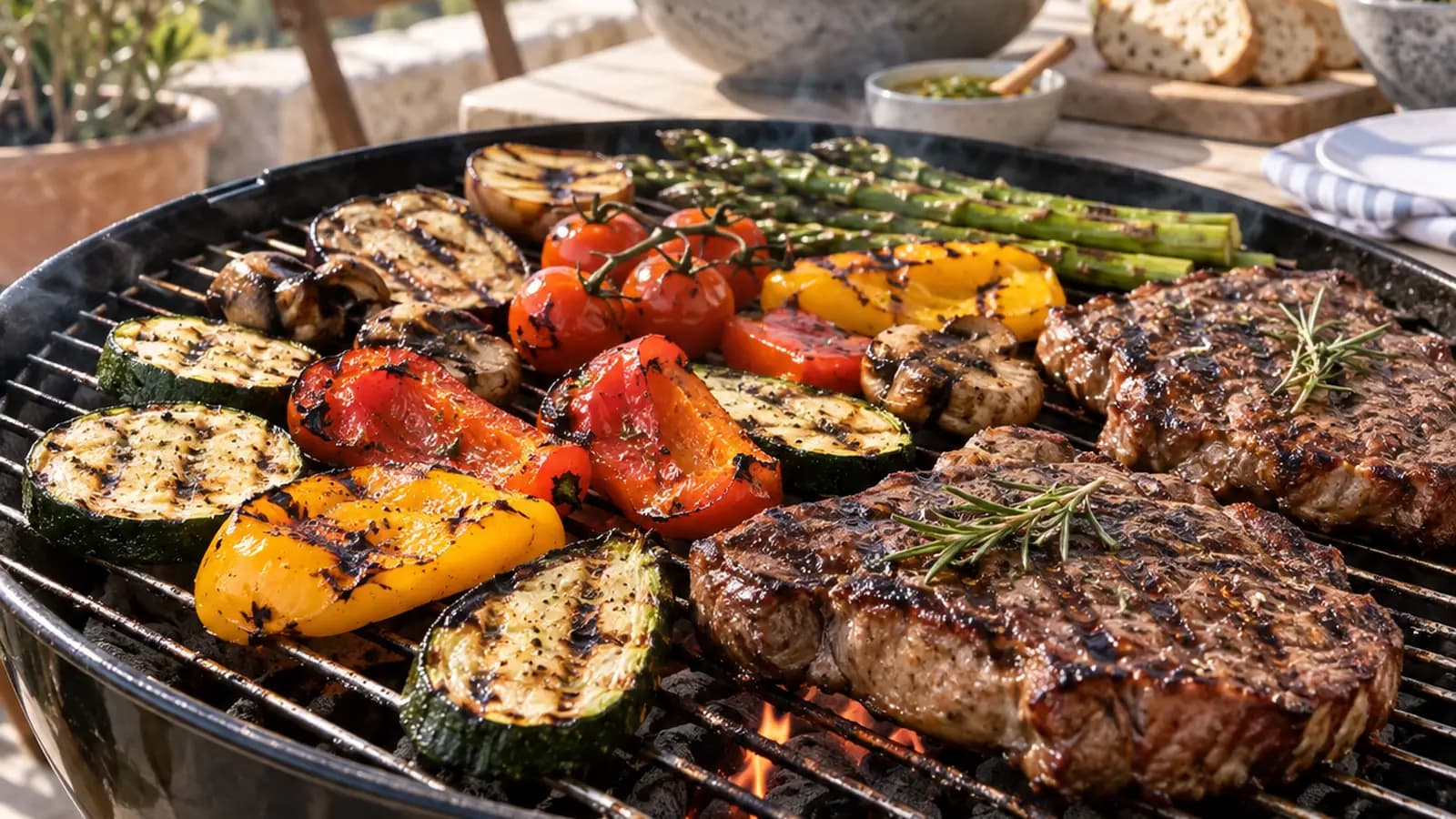 Assiette de grillades avec légumes colorés et herbes fraîches sur une table d’été, lumière naturelle, sans texte ni logo