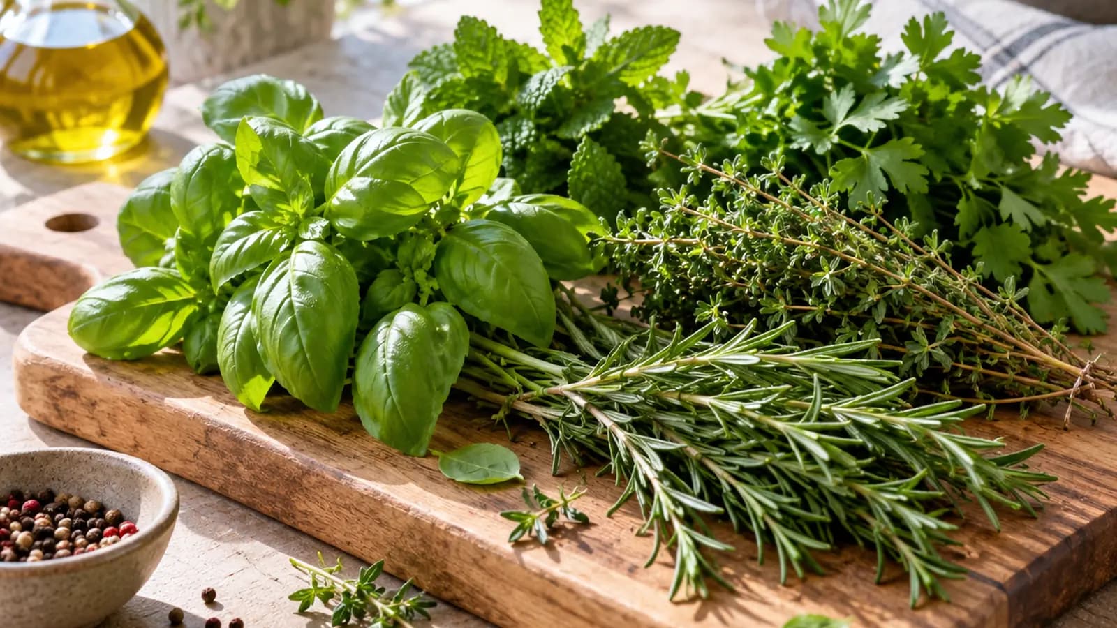 Basilic, menthe, coriandre et persil frais disposés autour d’une salade colorée, en lumière naturelle, sans texte ni logo