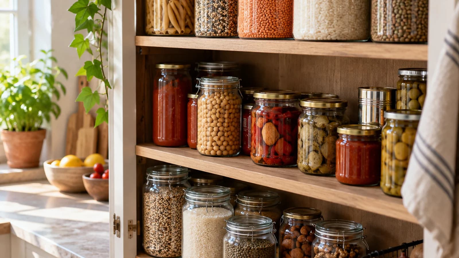 Placard ouvert avec des bocaux de lentilles, de pois chiches, du riz, des pâtes, des tomates et des épices sur une étagère éclairée par la lumière naturelle
