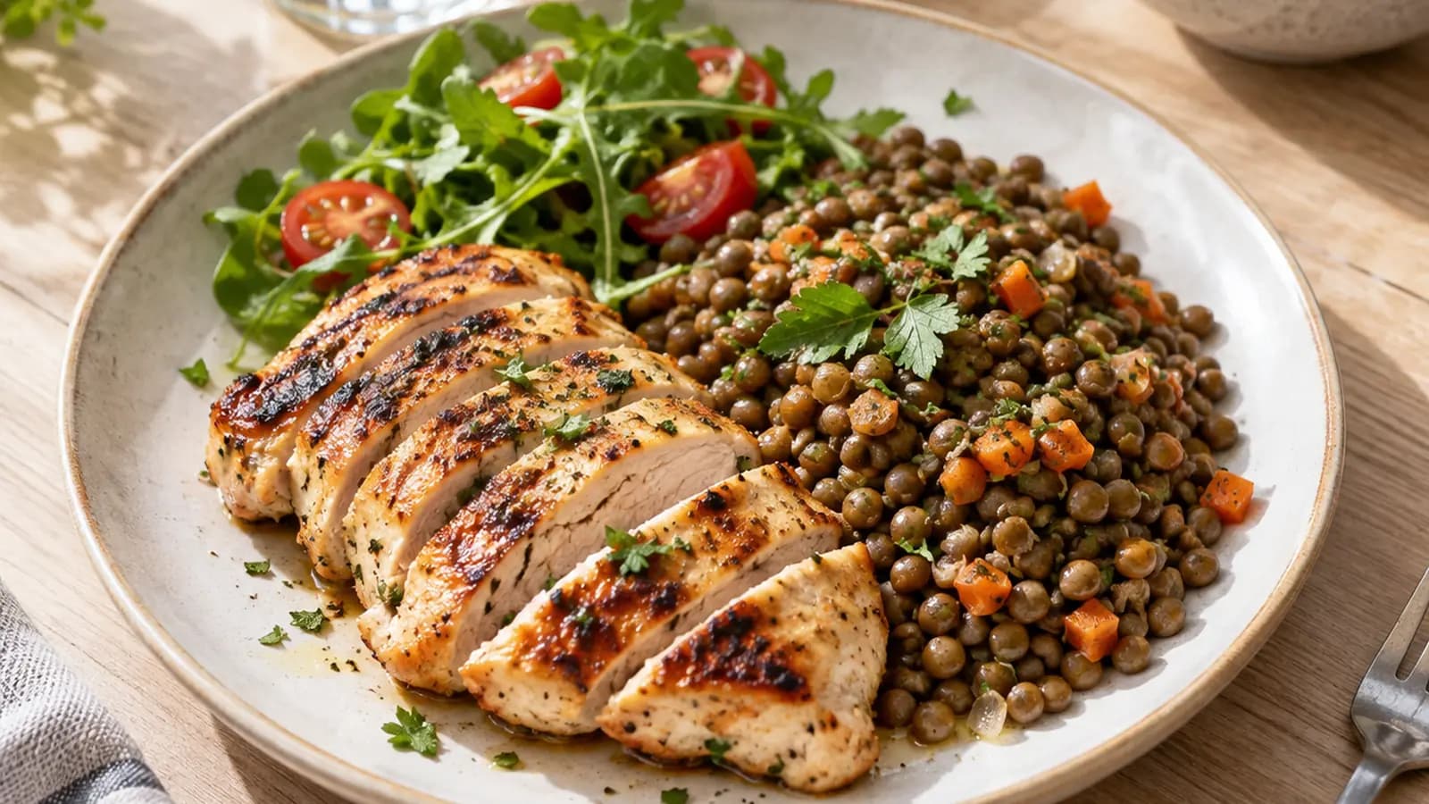 Assiette de boulgour, pois chiches et légumes rôtis avec sauce citronnée, en lumière naturelle, sans texte ni logo