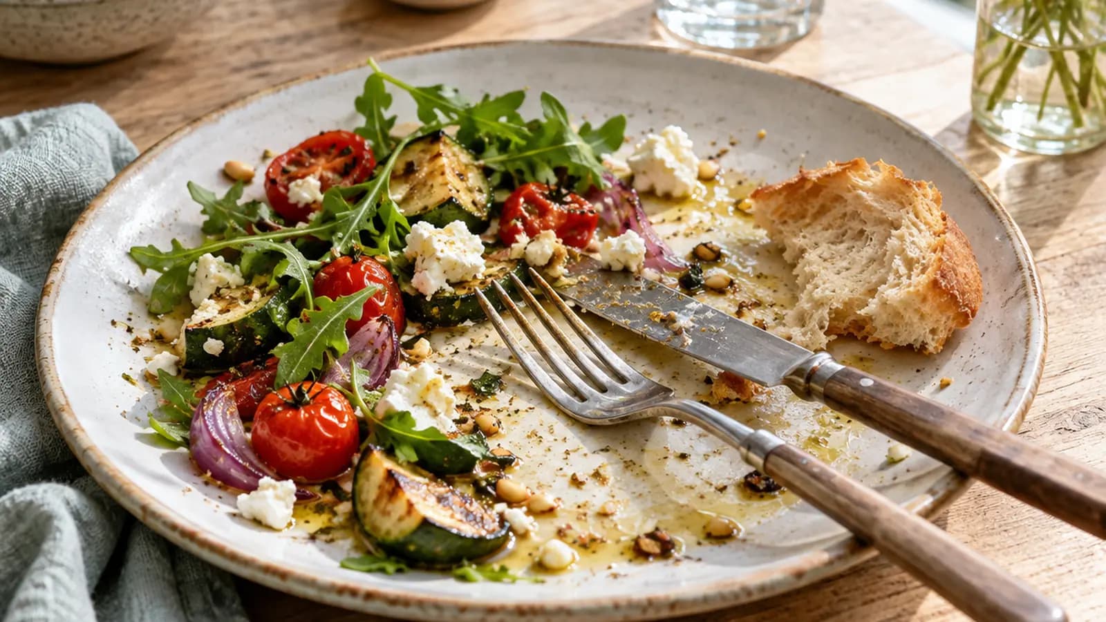 Assiette colorée avec légumes, céréales et œuf sur une table en bois, lumière naturelle, sans texte ni logo