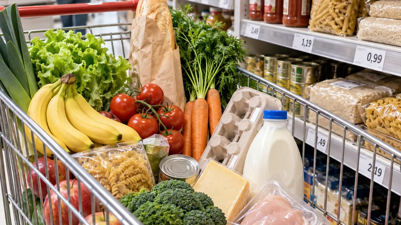 Panier de courses avec riz, huile, légumes et produits frais posé sur une table en bois, lumière naturelle, sans texte ni logo