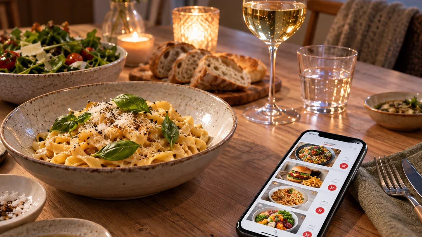 Plat livré composé de poulet rôti, riz, légumes colorés et sauce servie à part sur une table éclairée naturellement, sans texte ni logo