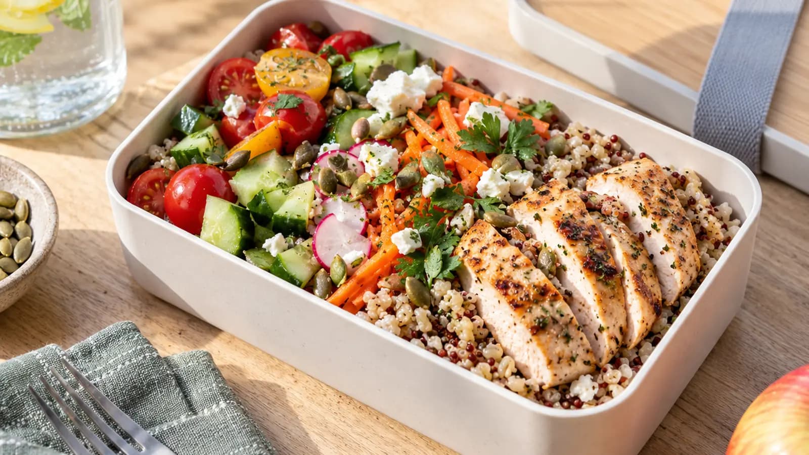 En lumière naturelle, boîtes repas avec riz, curry de lentilles et légumes rôtis, sans texte, logo ni visage.