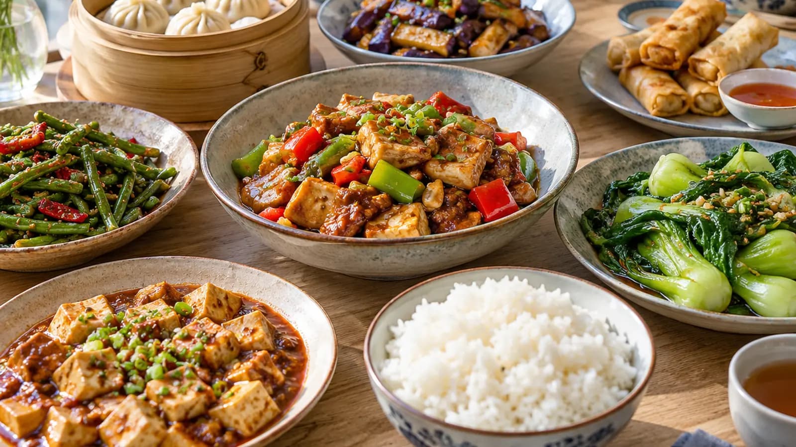 Table de restaurant chinois avec légumes sautés, tofu, poulet et bols de riz, lumière naturelle, sans texte ni logo