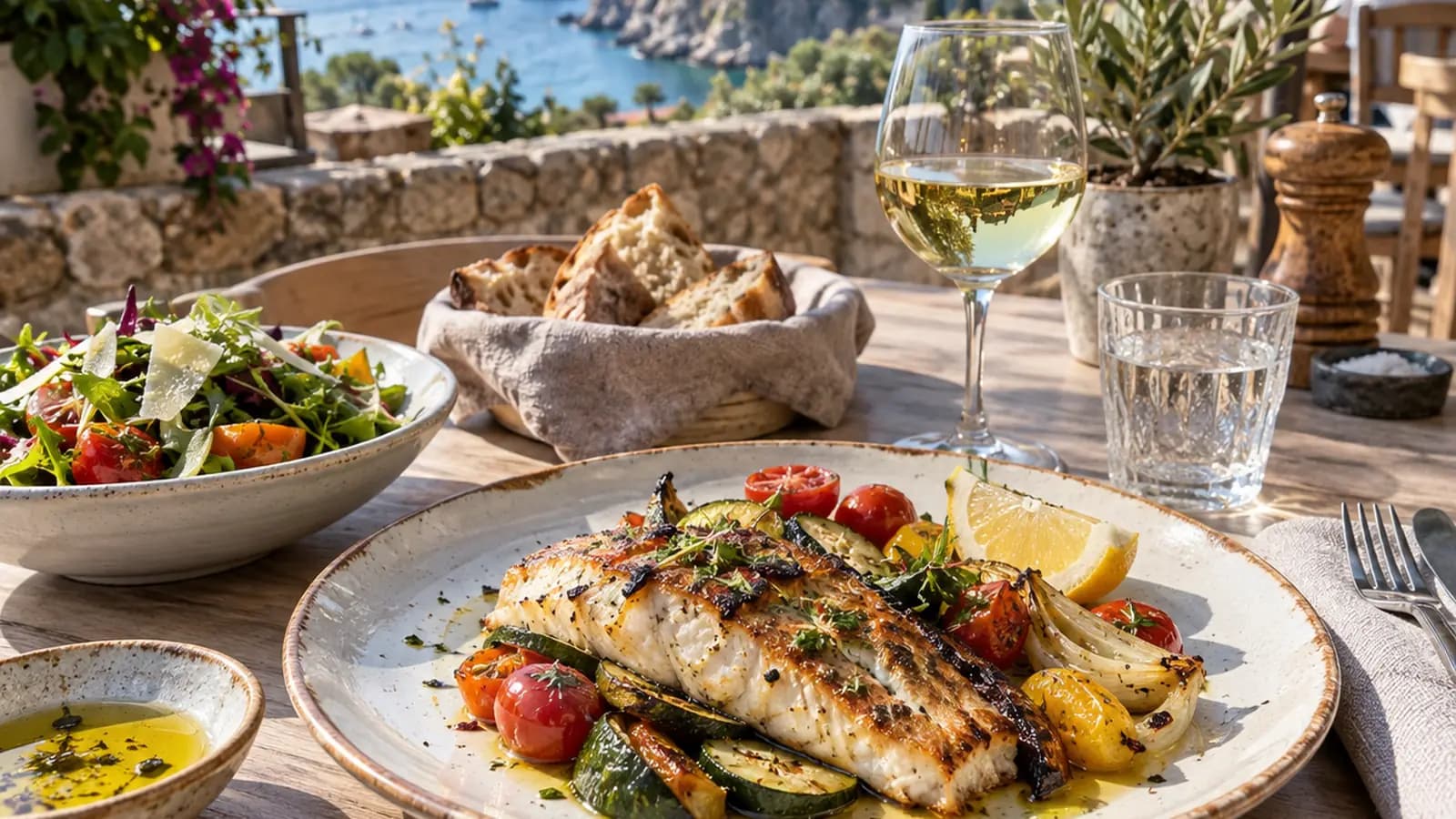 Table de restaurant en terrasse avec plats locaux variés, légumes colorés et pain, lumière naturelle, sans texte ni logo