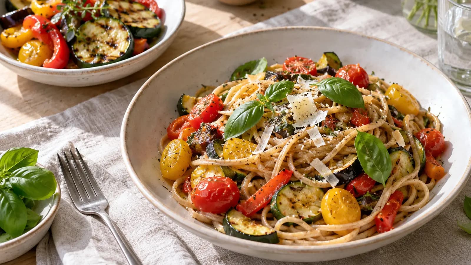 Table de restaurant italien avec antipasti de légumes, assiette de pâtes à la tomate et petite part de tiramisu, lumière naturelle, sans texte ni logo