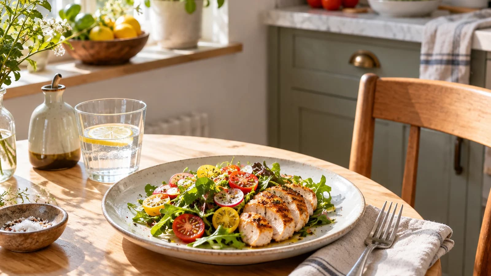 Assiette colorée posée sur une table avec légumes, féculents et source de protéines, en lumière naturelle, sans texte ni logo