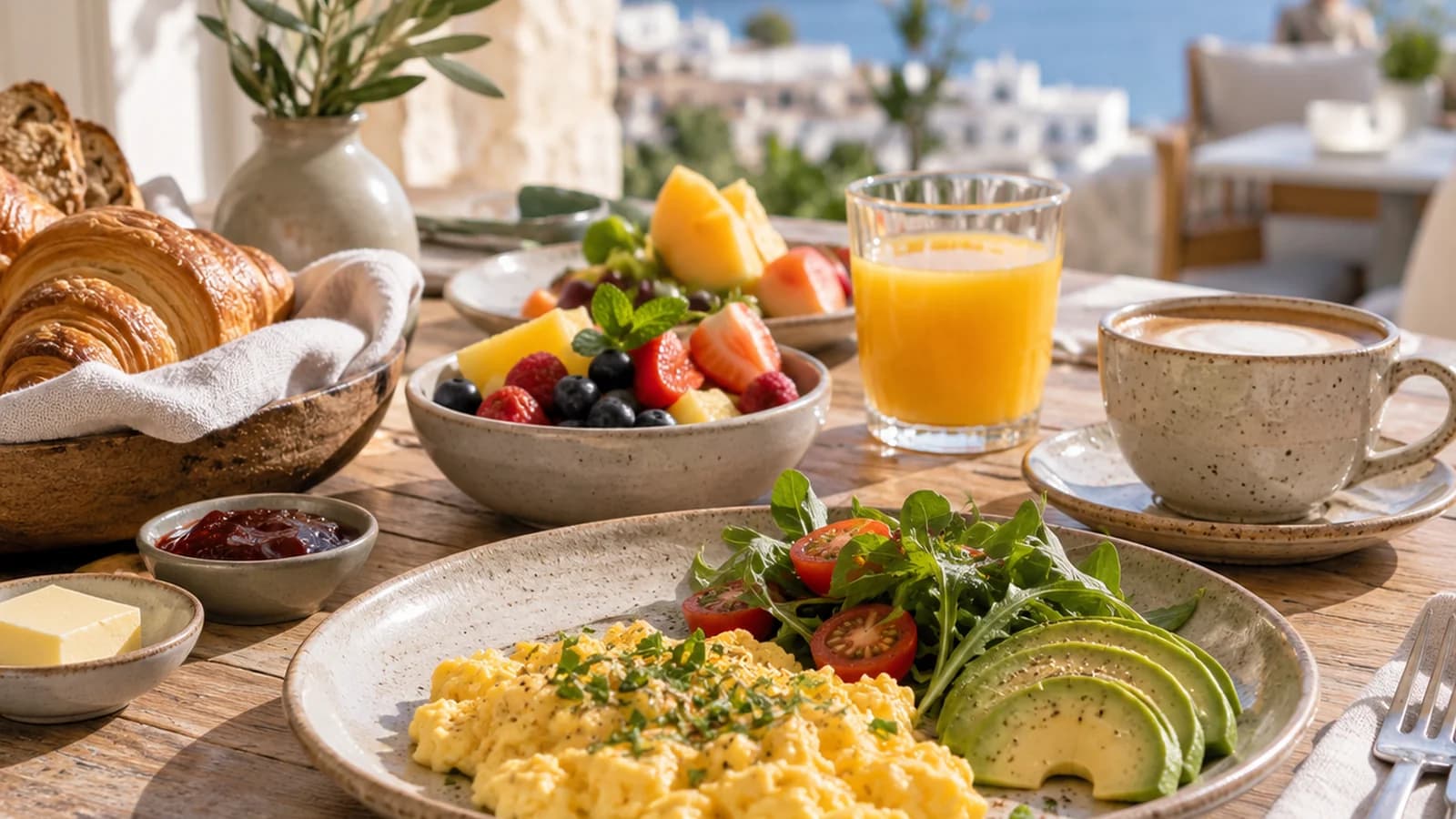 Petit-déjeuner d’hôtel avec pain, œufs, yaourt et fruits sur une table en lumière naturelle, sans texte ni logo