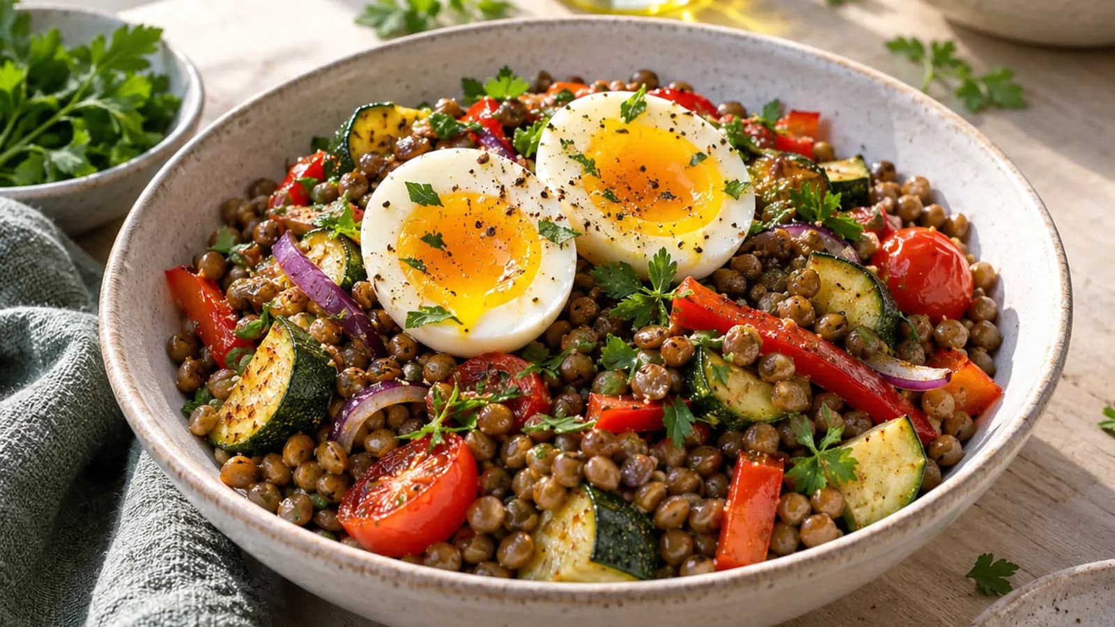 Bol de lentilles aux carottes et aux légumes de saison, servi avec un œuf sur une table éclairée par la lumière naturelle, sans texte ni logo