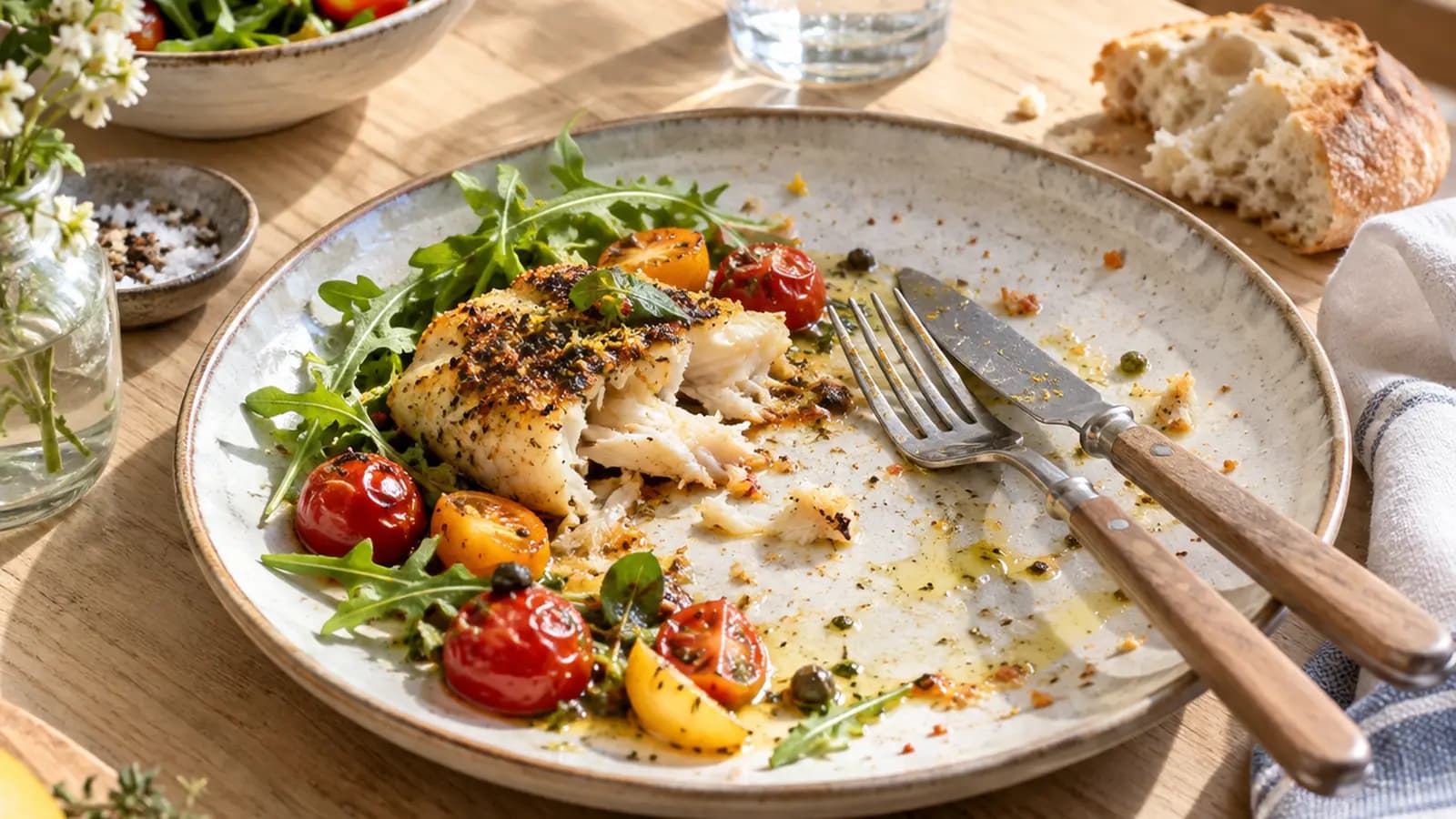 Assiette équilibrée avec légumes, céréales et source de protéines sur une table éclairée par la lumière naturelle, sans texte ni logo