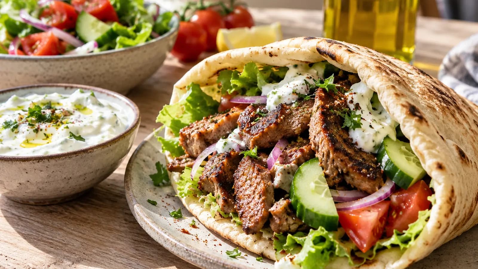 Pita grecque garnie de viande, crudités et sauce avec quelques frites dans une assiette, lumière naturelle, sans texte ni logo