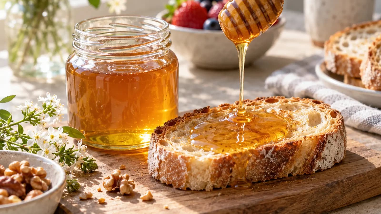 Pot de miel doré avec une cuillère en bois, tartine et yaourt nature sur une table éclairée par la lumière naturelle, sans texte ni logo
