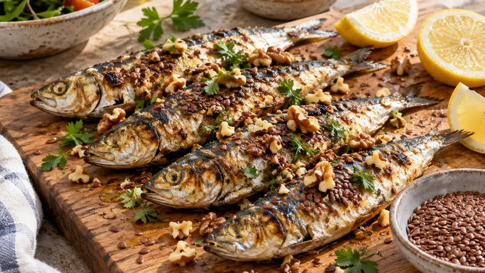 Assiette de sardines, salade fraîche, noix et graines de chia sur une table éclairée par la lumière naturelle, sans texte ni logo