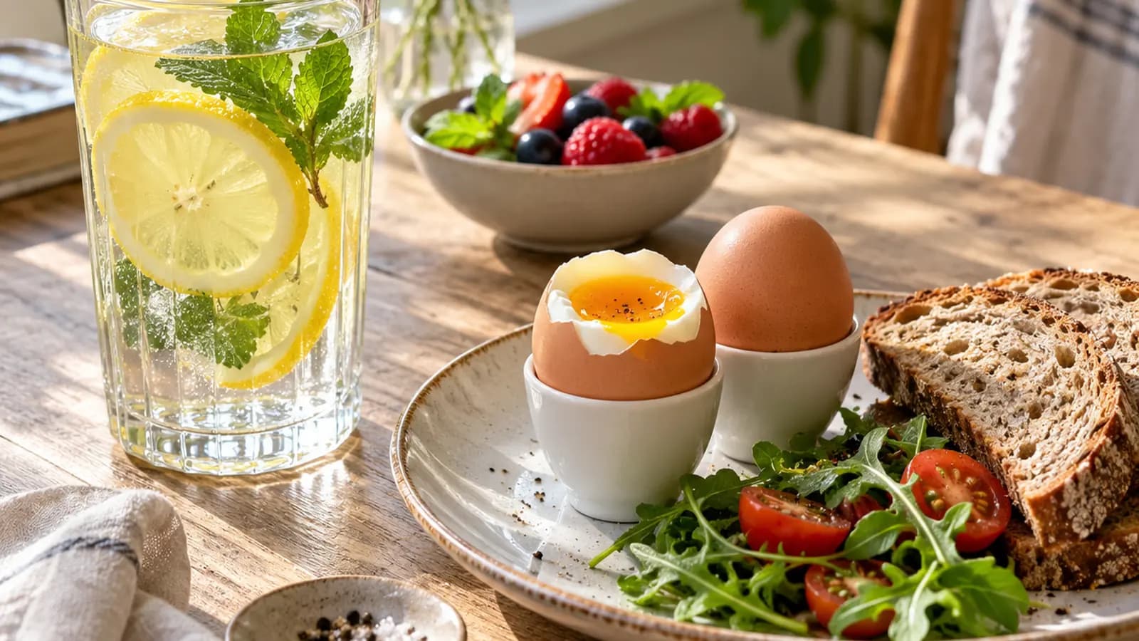 Table de petit-déjeuner avec verre d’eau, tartines, œuf, banane et yaourt à la lumière naturelle, sans texte ni logo