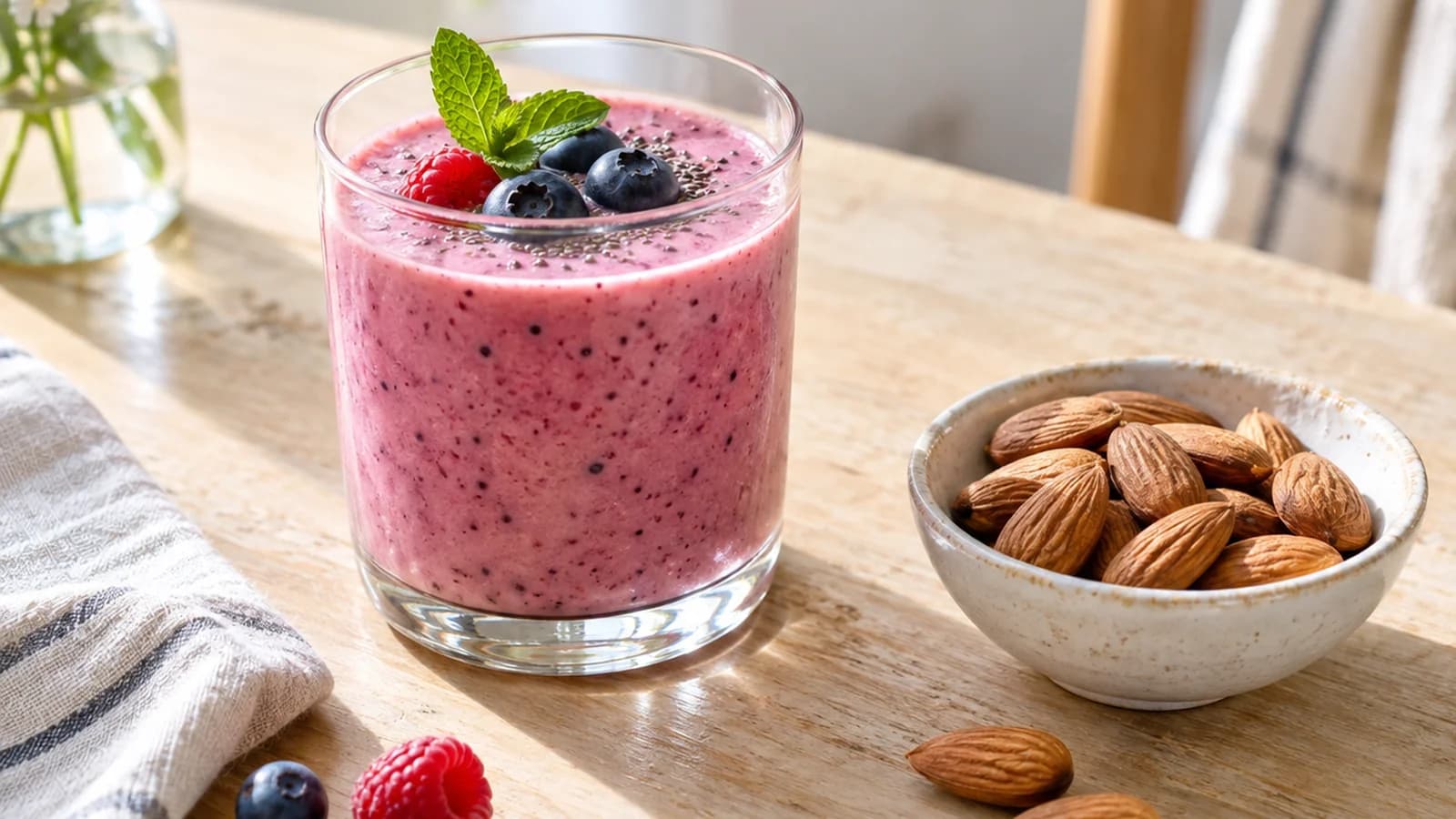 Bol de yaourt nature avec quelques fruits rouges, flocons d’avoine et petite tartine sur une table éclairée par la lumière naturelle