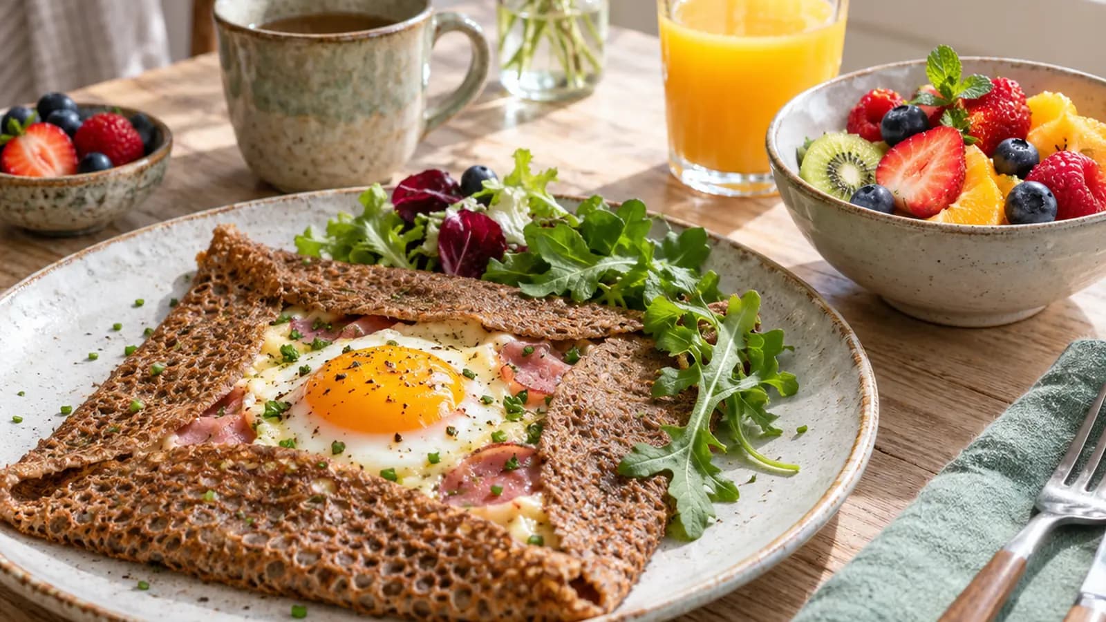 Bol de yaourt nature avec poire, noix et graines à côté d’une galette de sarrasin, sur une table éclairée naturellement