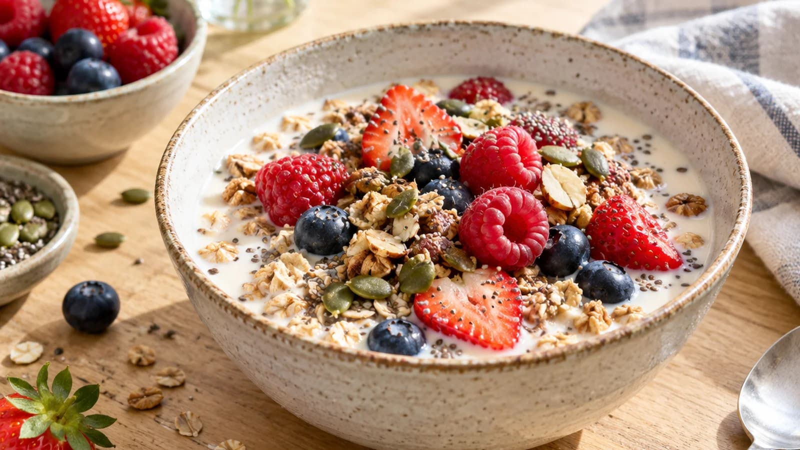 Bol de porridge aux fruits rouges, graines et boisson végétale, sur une table éclairée par une lumière naturelle