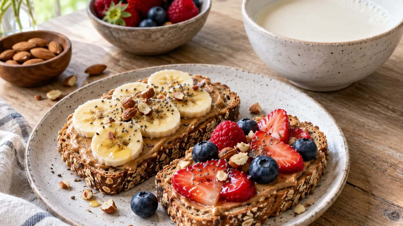Bol de porridge aux fruits rouges, noix et yaourt posé sur une table en bois, lumière naturelle, sans texte ni logo