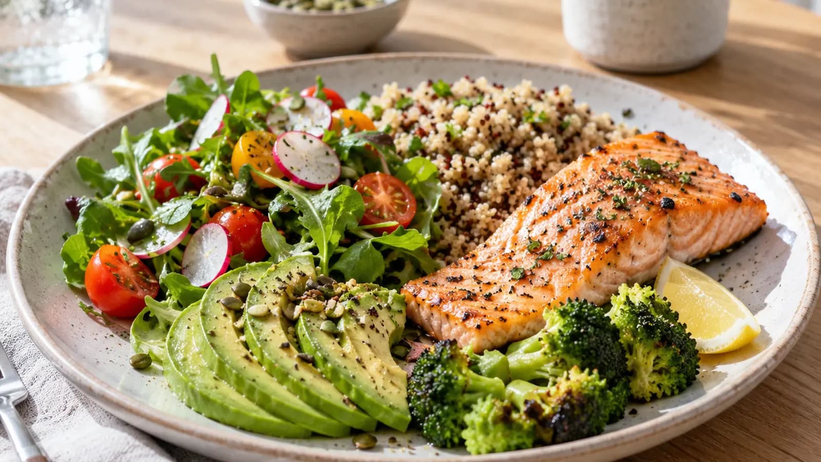 Assiette colorée avec légumes, lentilles et œuf, posée sur une table claire en lumière naturelle, sans texte ni logo