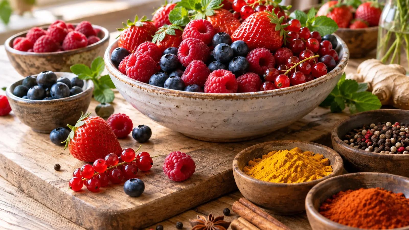 Fruits rouges, chou rouge, carottes et coupelles d’épices sur une table en lumière naturelle, sans texte ni logo