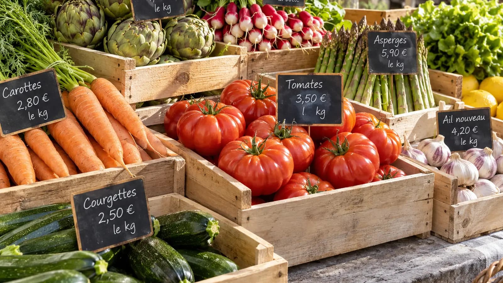 Panier de fruits et légumes de saison colorés sur une table en bois, lumière naturelle, sans texte ni logo