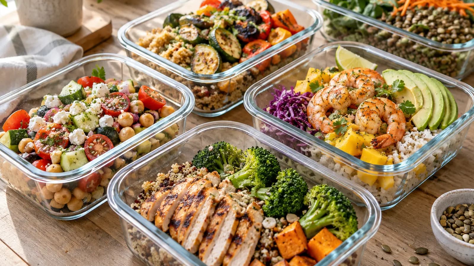 Boîtes de repas préparés avec quinoa, légumes rôtis et poulet, posées sur une table en lumière naturelle, sans texte ni logo