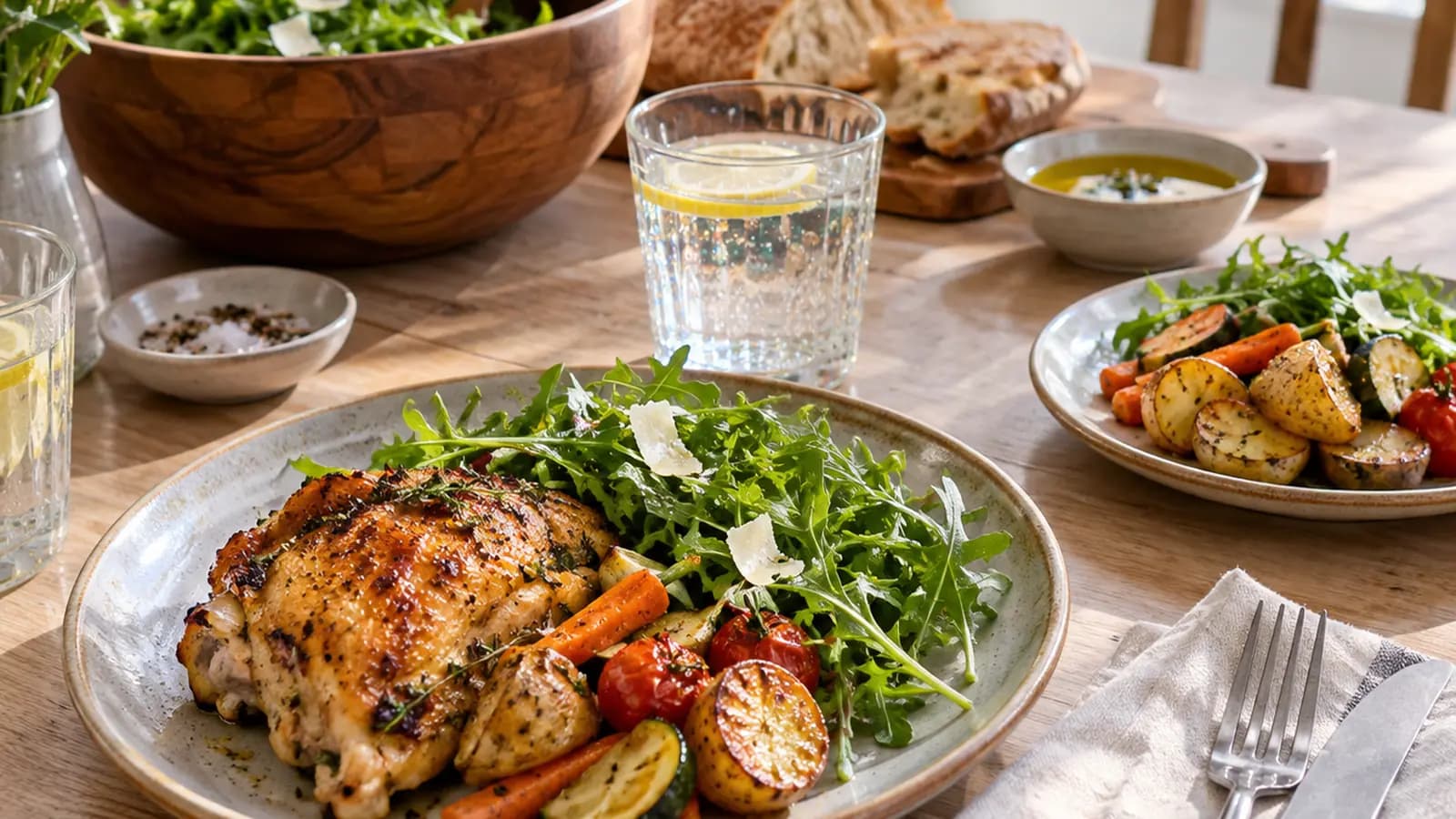 Table familiale avec un plat de riz, des légumes rôtis, du poulet et des bols séparés, lumière naturelle, sans texte ni logo