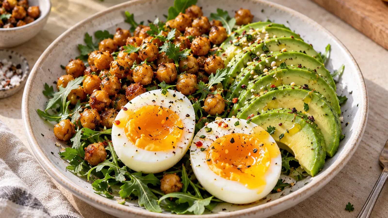 Assiette de lentilles, légumes et deux œufs, avec pain et yaourt nature, photographiée en lumière naturelle, sans texte ni logo