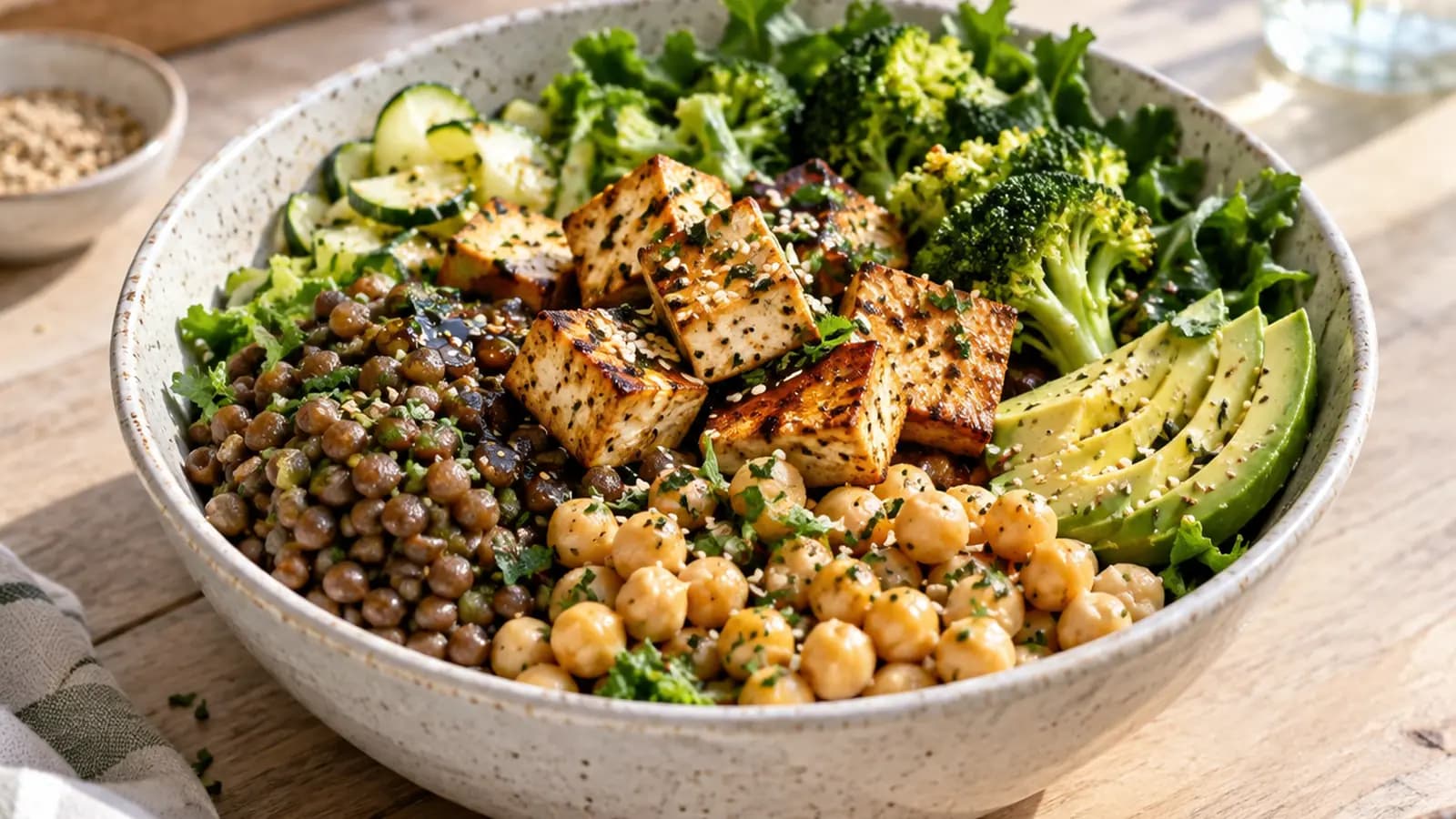 Bol de lentilles, boulgour, tofu doré et légumes rôtis sur une table en bois, en lumière naturelle, sans texte ni logo