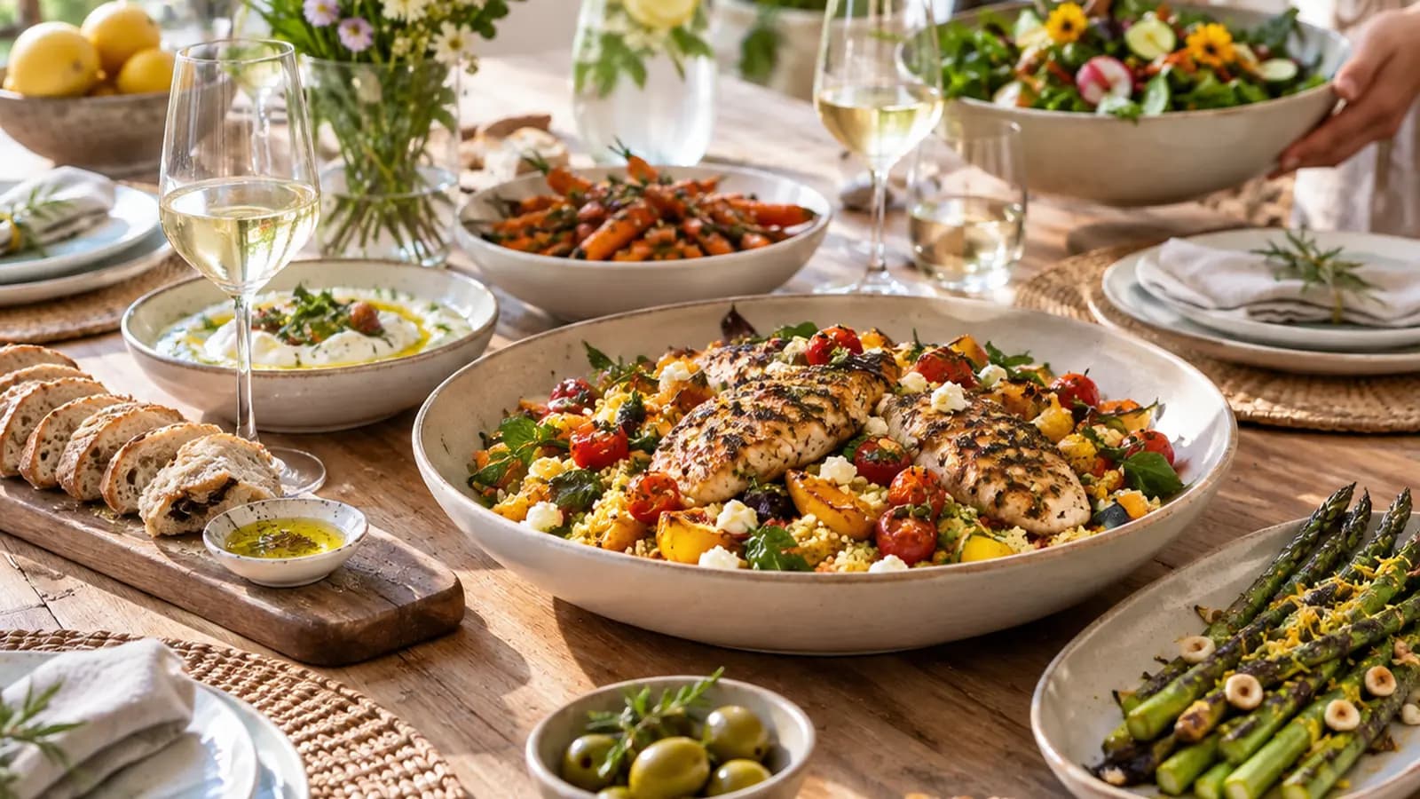 Table conviviale avec assiettes colorées de légumes rôtis, salade croquante et dessert fruité, lumière naturelle, sans texte ni logo