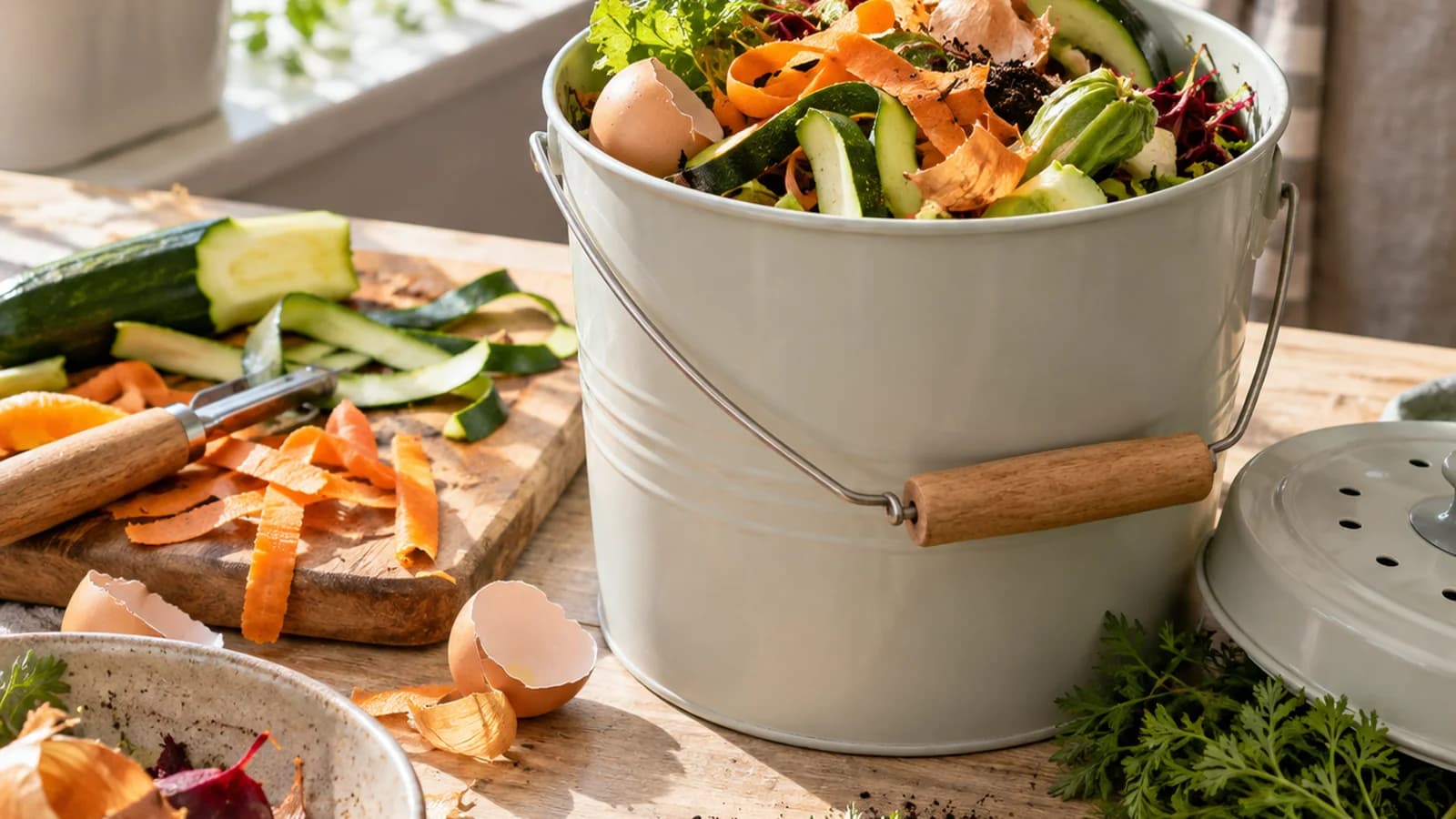 Table de cuisine en lumière naturelle avec restes de légumes, pain, boîtes réutilisables et carnet de courses, sans texte ni logo