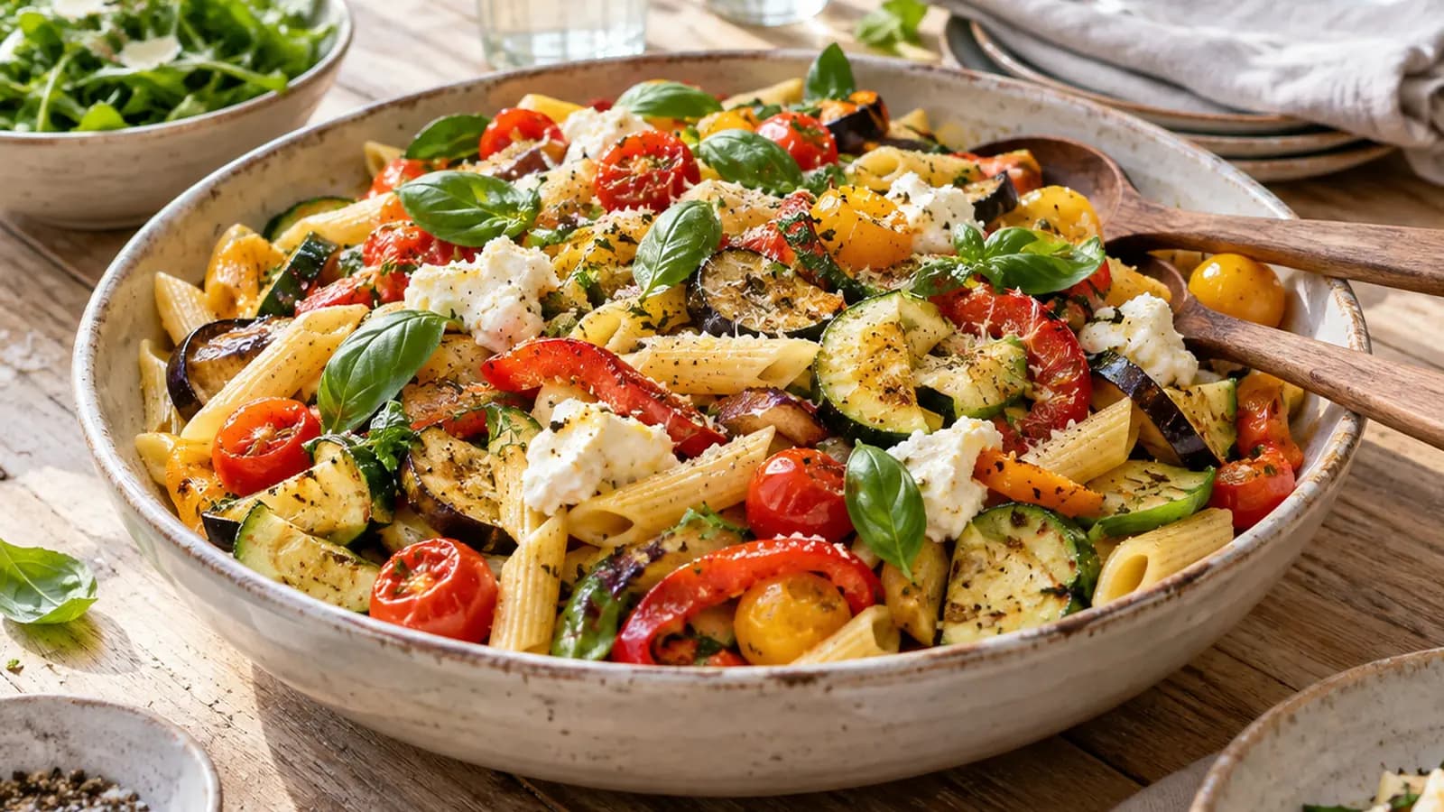 Table familiale avec du riz, des légumes, des œufs et des sauces servis séparément, en lumière naturelle, sans texte ni logo