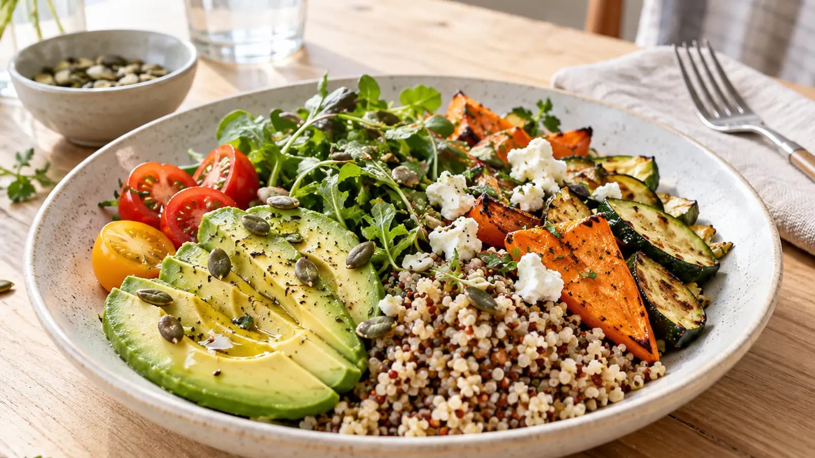 Assiette colorée avec légumes, riz et œufs posée sur une table en bois, lumière naturelle, sans texte ni logo