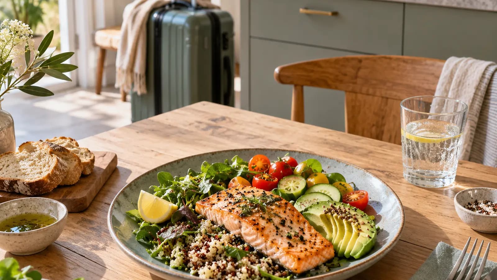 Assiette colorée de retour de vacances avec légumes, riz, œuf et verre d’eau, posée sur une table en lumière naturelle, sans texte ni logo