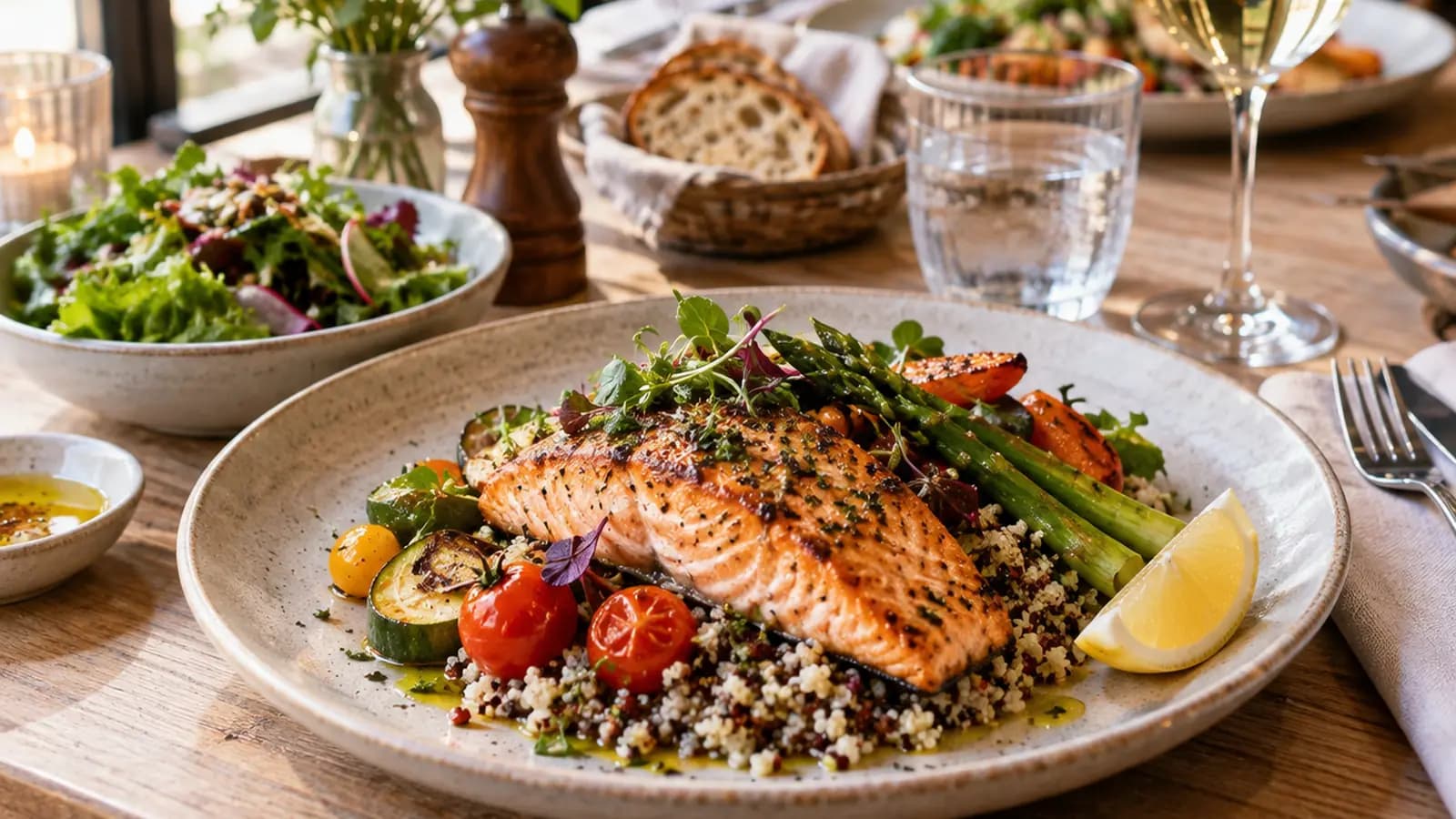 Table de restaurant éclairée par la lumière naturelle, avec du poisson grillé, des légumes, des pommes de terre et un verre d’eau, sans texte ni logo